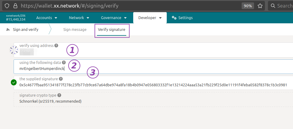 Validate signature in xx Network wallet